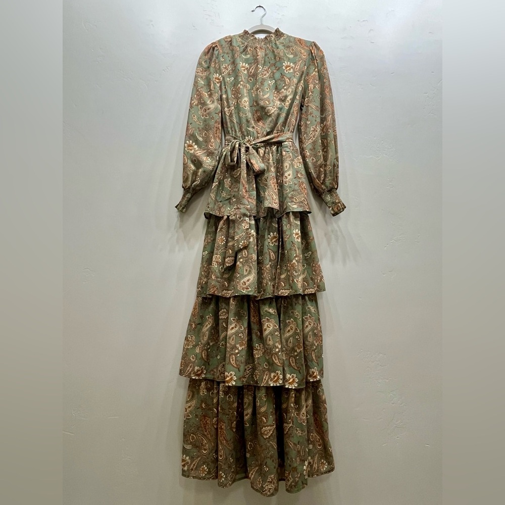 Bohme Tan and Brown Ruffled Tiered Gown